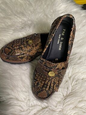 rag & bone Brown Snakeskin-Print Studded Loafers with Gold Accents
